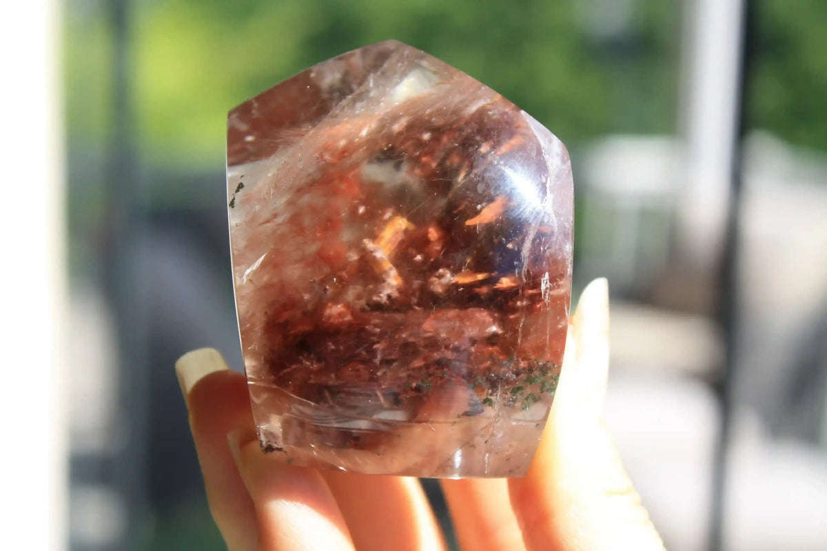 Amphibole quartz crystal , pink amphibole, red amphibole canadian crystal shop, amphibole tower, unique inclusion crystal