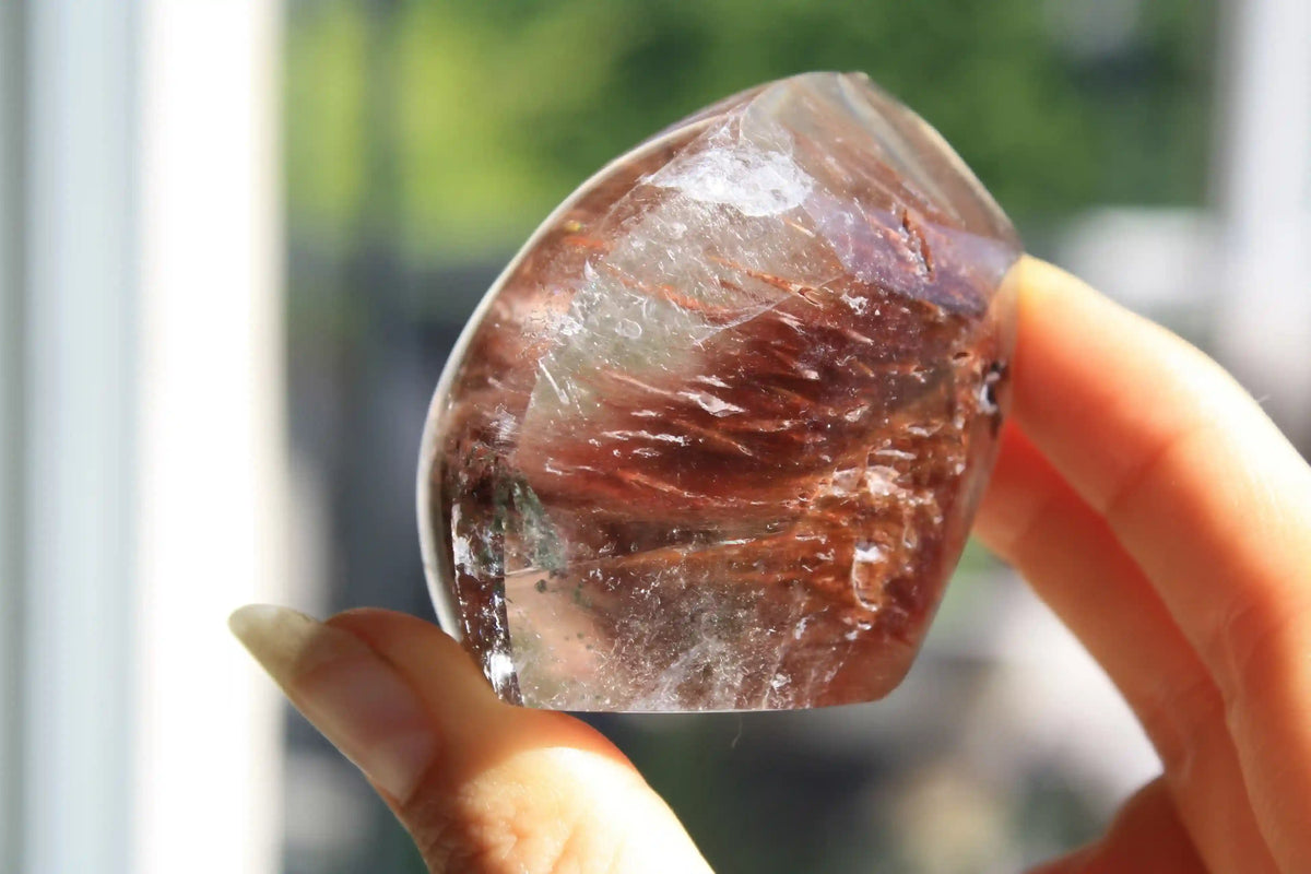 Amphibole quartz crystal , pink amphibole, red amphibole canadian crystal shop, amphibole tower, unique inclusion crystal