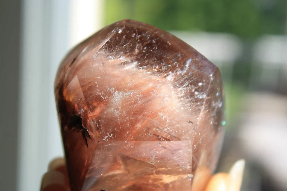 Amphibole quartz crystal , pink amphibole, red amphibole canadian crystal shop, amphibole tower, unique inclusion crystal