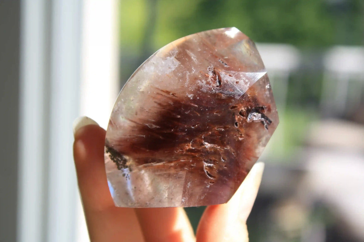 Amphibole quartz crystal , pink amphibole, red amphibole canadian crystal shop, amphibole tower, unique inclusion crystal
