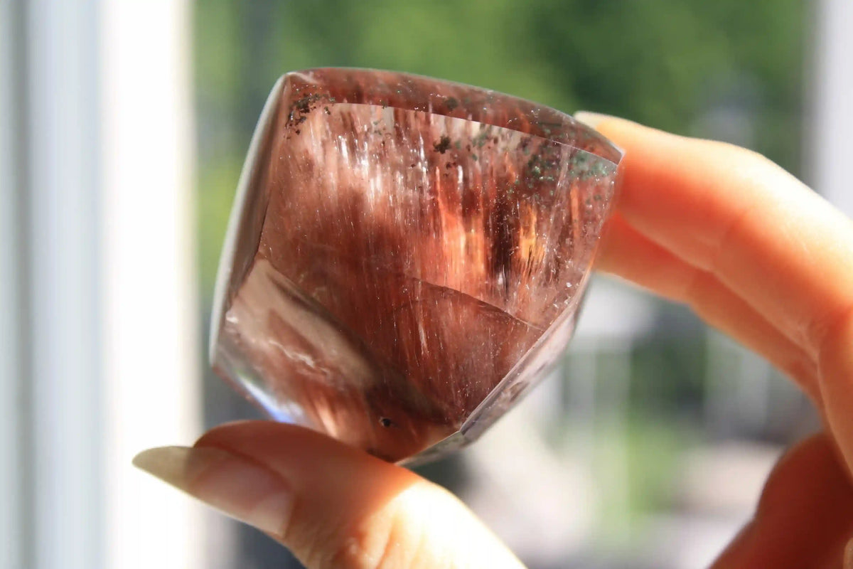 Amphibole quartz crystal , pink amphibole, red amphibole canadian crystal shop, amphibole tower, unique inclusion crystal