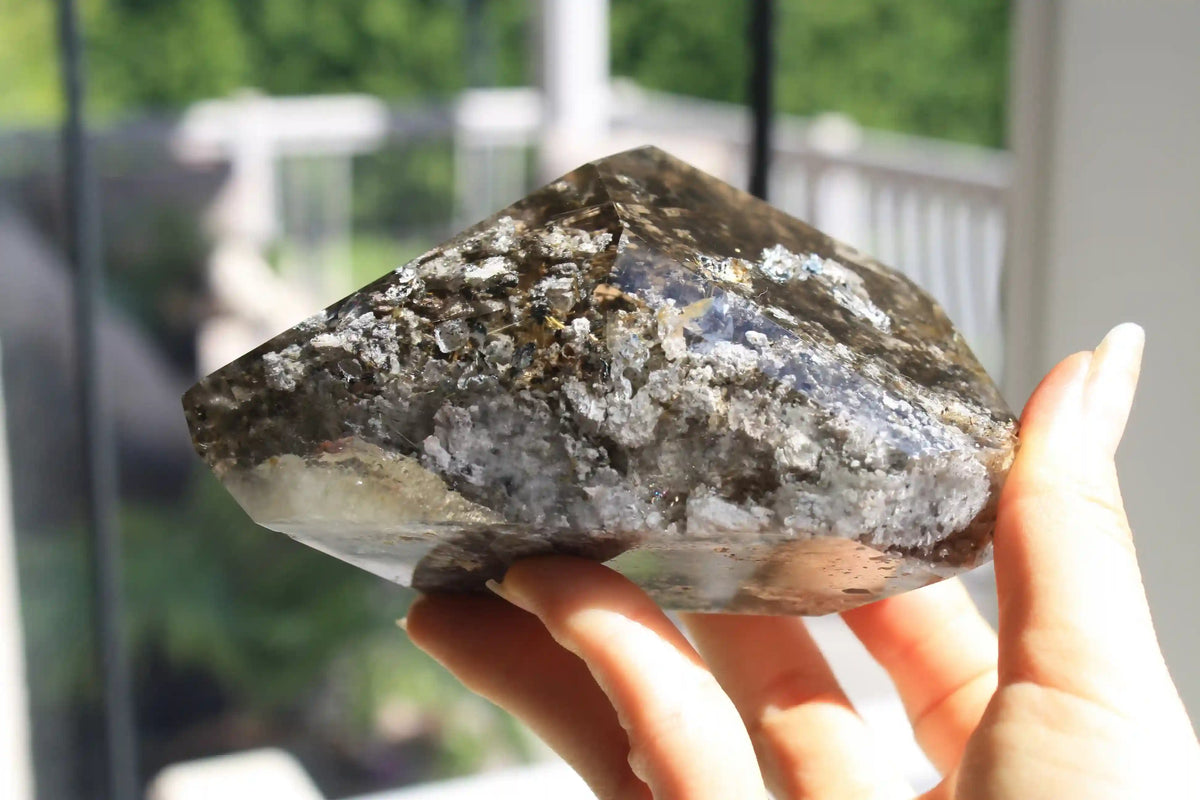 Golden Titanium Rutile in Grey Garden Quartz Freeform