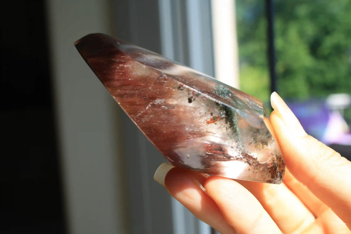 Amphibole quartz crystal , pink amphibole, red amphibole Canadian crystal shop, amphibole tower, unique inclusion crystal