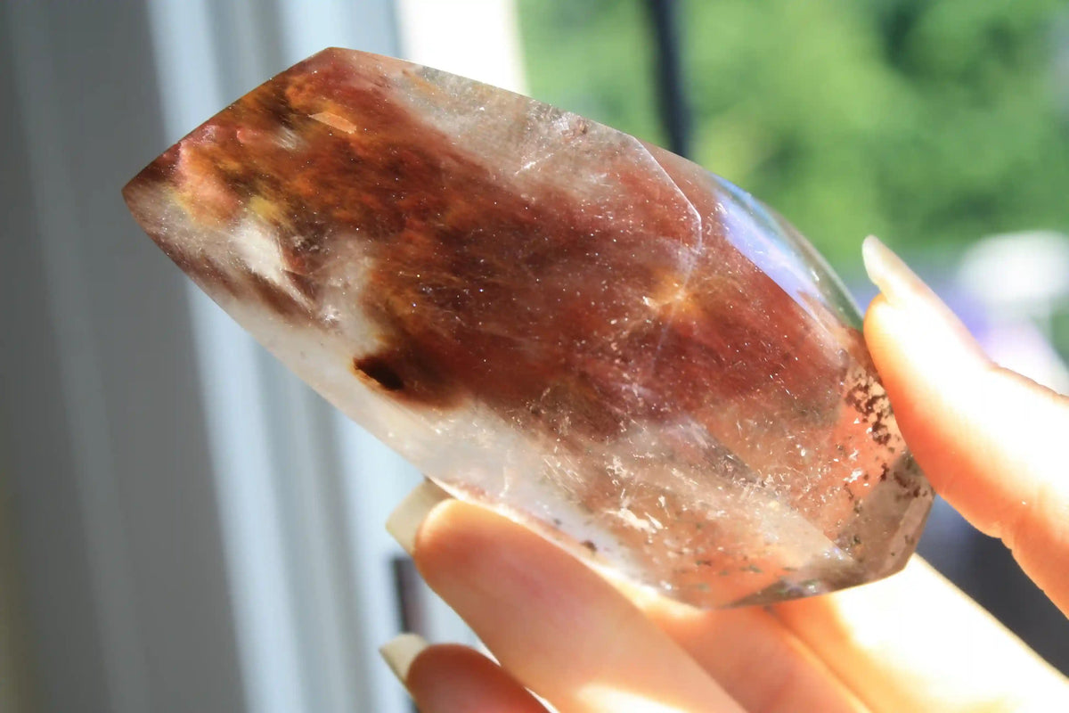 Amphibole quartz crystal , pink amphibole, red amphibole Canadian crystal shop, amphibole tower, unique inclusion crystal