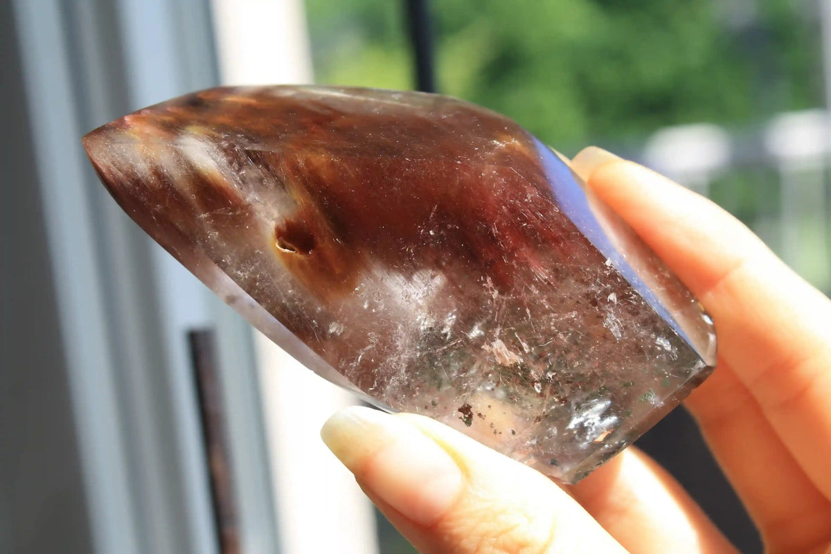 Amphibole quartz crystal , pink amphibole, red amphibole Canadian crystal shop, amphibole tower, unique inclusion crystal