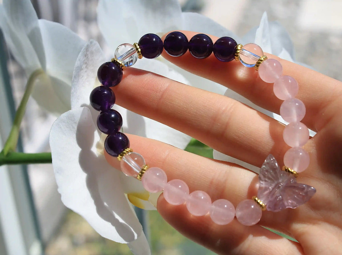 Butterfly Bracelets Custom Designed Amethyst, Rose and Clear Quartz