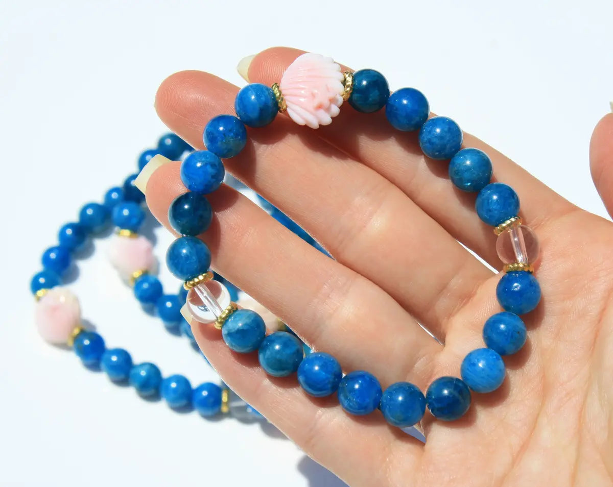 Seashell Bracelets Custom Designed Blue Apatite, Pink Agate and Clear Quartz