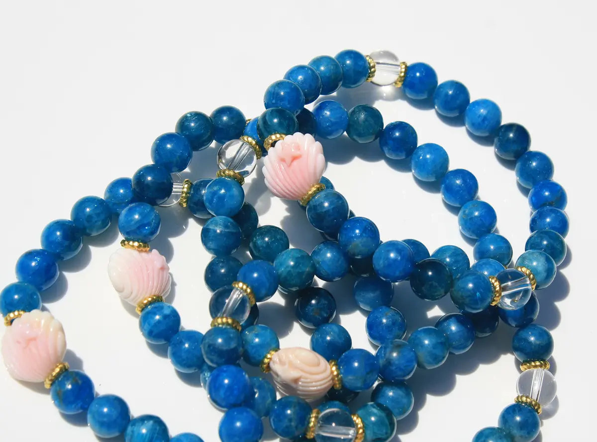 Seashell Bracelets Custom Designed Blue Apatite, Pink Agate and Clear Quartz