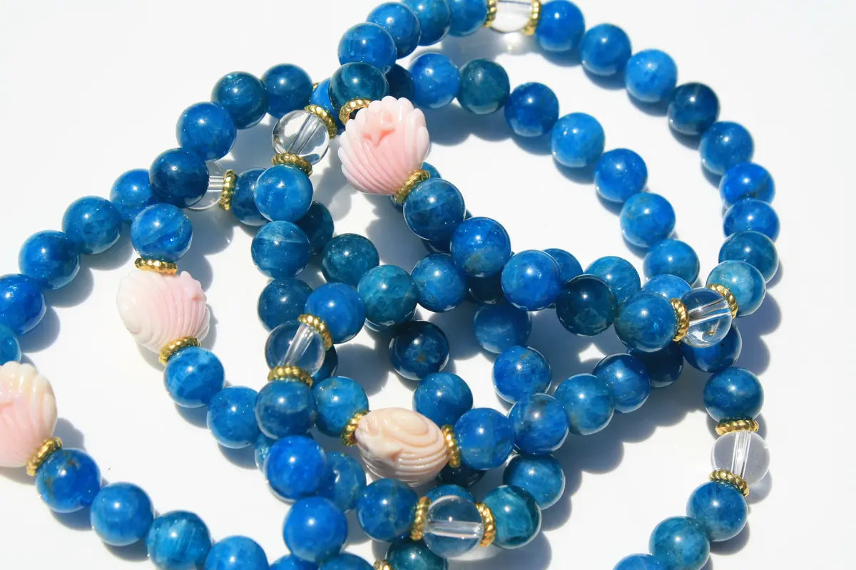 Seashell Bracelets Custom Designed Blue Apatite, Pink Agate and Clear Quartz