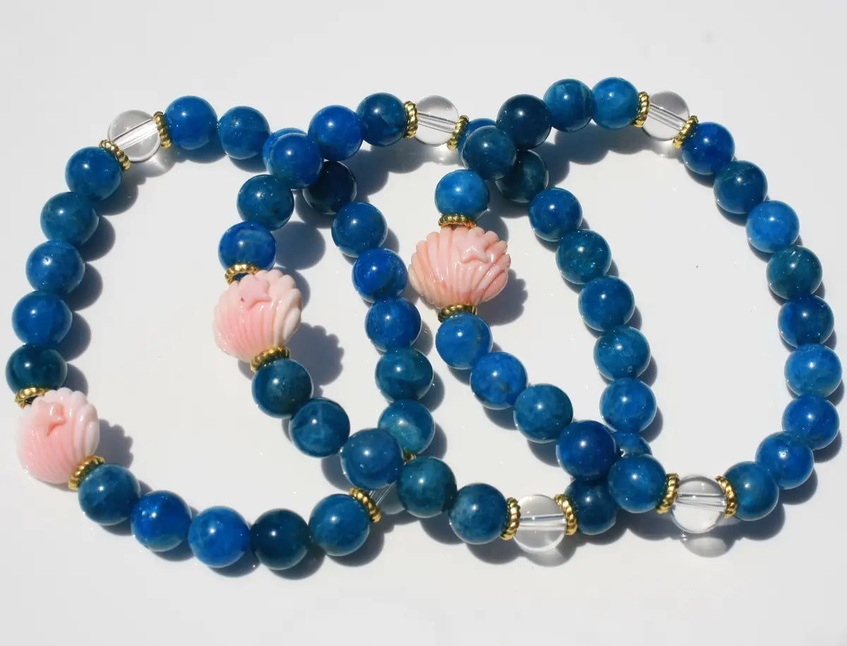 Seashell Bracelets Custom Designed Blue Apatite, Pink Agate and Clear Quartz
