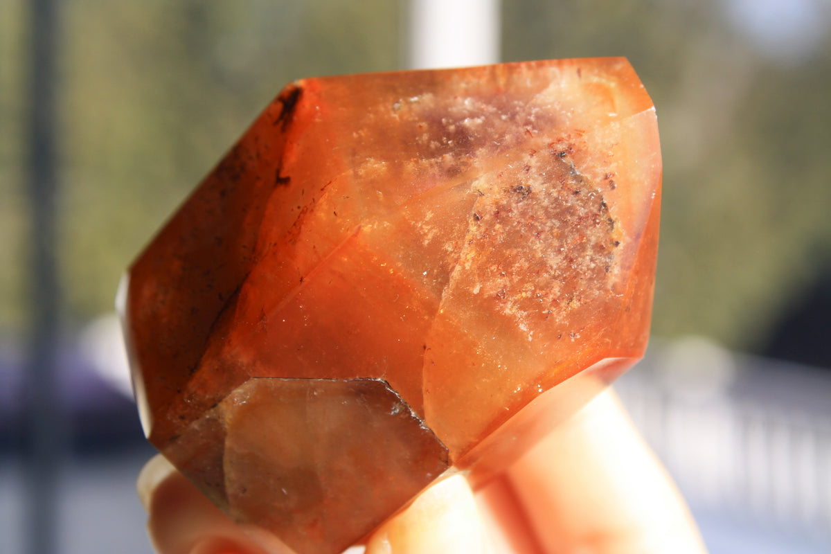 Red Dreamcoat Lemurian seed quartz tower with Super 7 inclusions and a Lemurian quartz core.