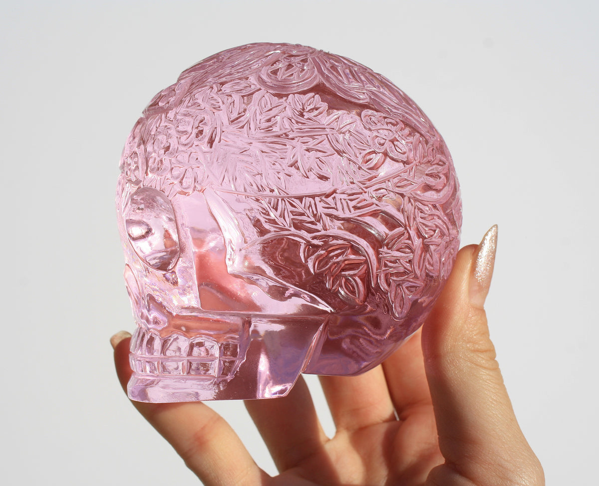 Medium Pink Obsidian Fairy Designed Skull by Vikas Meena