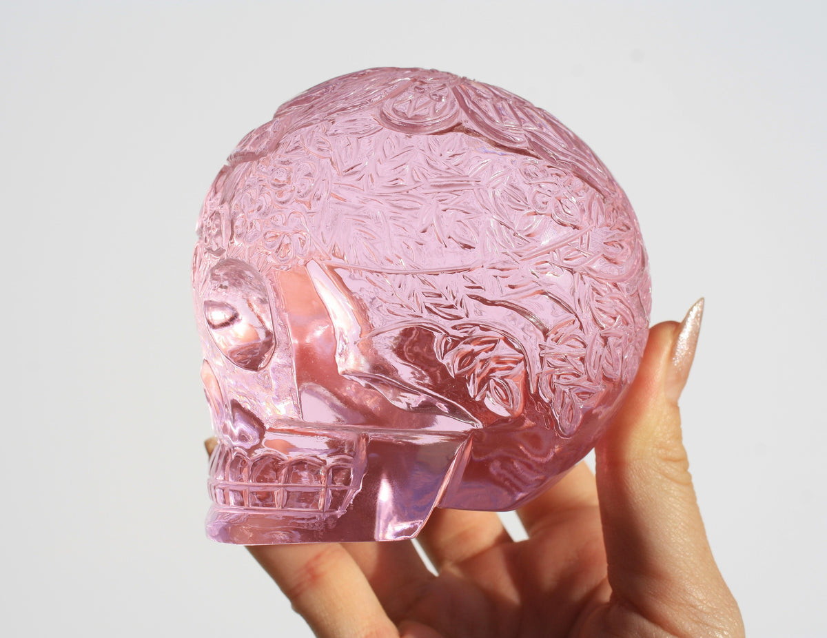 Medium Pink Obsidian Fairy Designed Skull by Vikas Meena