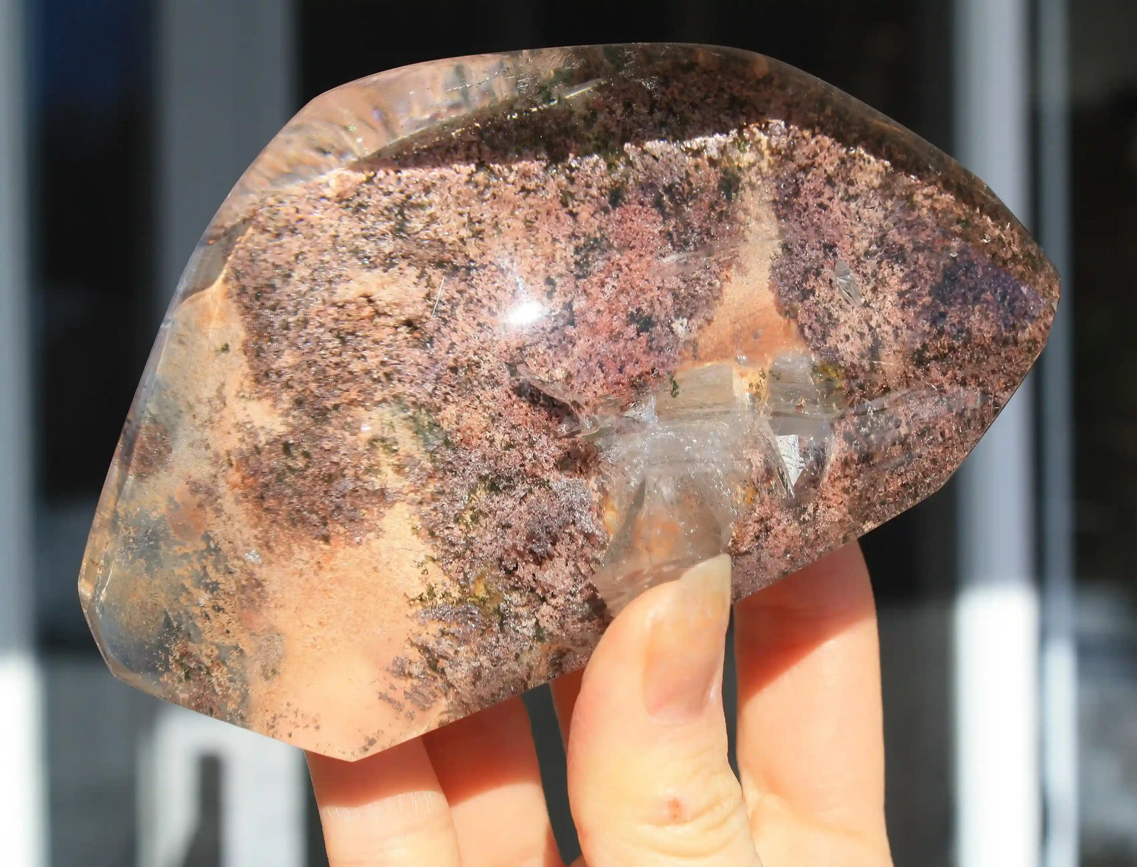 AAA-grade collectors pink garden quartz lens with inner child, rare lodolite crystal specimen