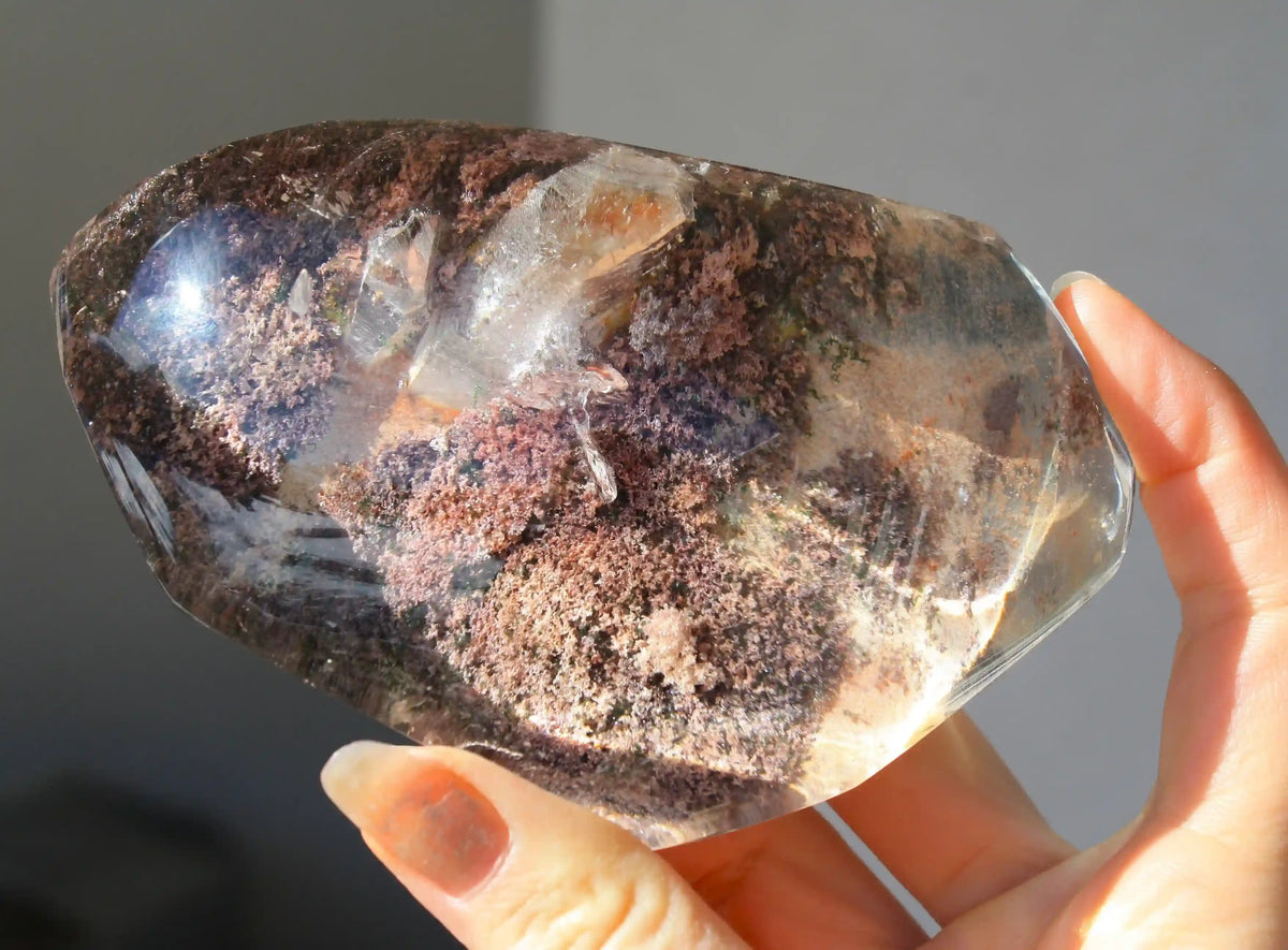 AAA-grade collectors pink garden quartz lens with inner child, rare lodolite crystal specimen