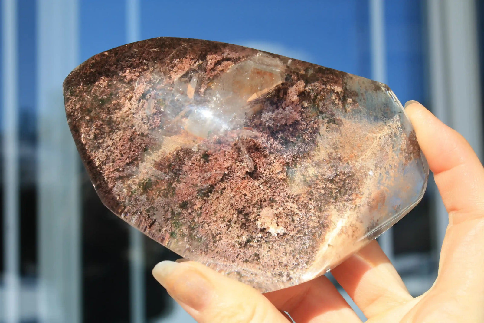 AAA-grade collectors pink garden quartz lens with inner child, rare lodolite crystal specimen