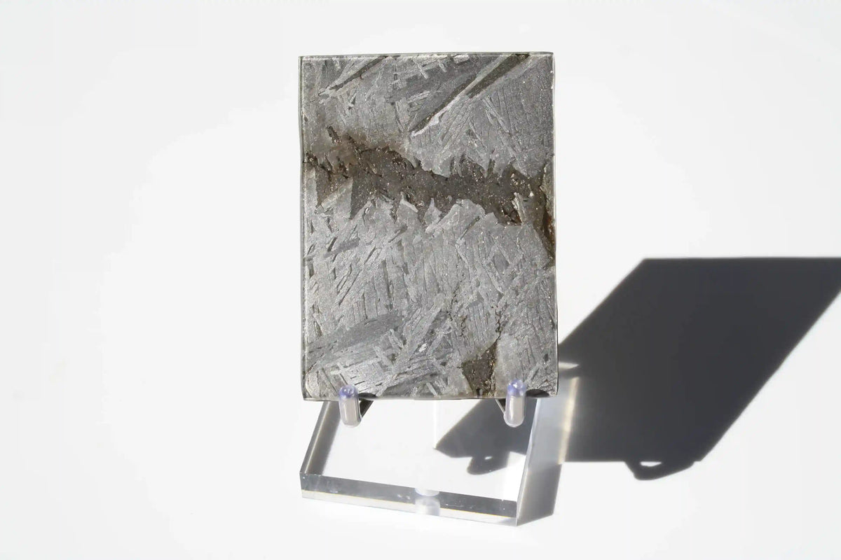 Aletai Meteorite, aletai meteorite, crystal shop, meteorite on stand, crystals from space, moldavite, Widmanstätten Pattern, iron meteorite 