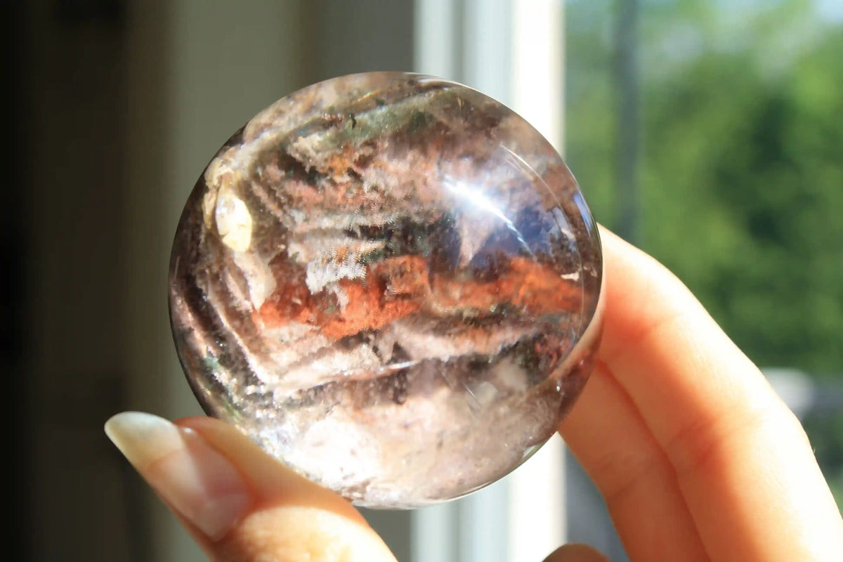 Garden quartz sphere with pink and red inclusions, rare lodolite quartz crystal specimen crystal sphere