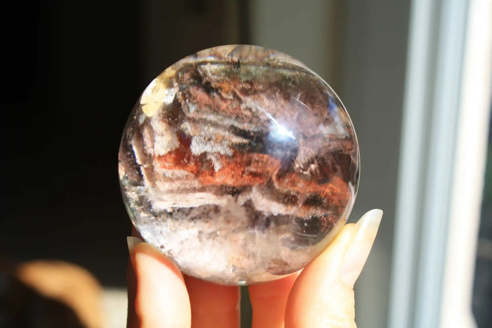 Garden quartz sphere with pink and red inclusions, rare lodolite quartz crystal specimen crystal sphere