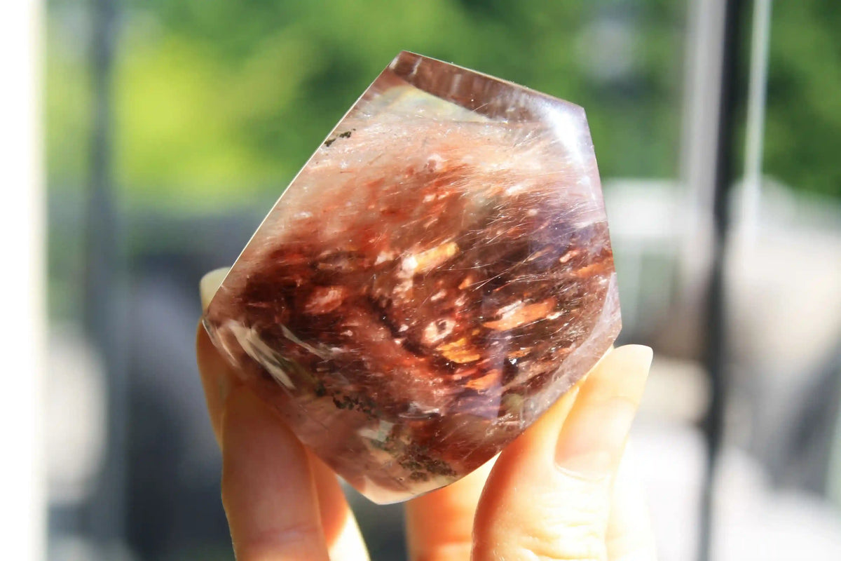 Amphibole quartz crystal , pink amphibole, red amphibole  canadian crystal shop, amphibole tower, unique inclusion crystal