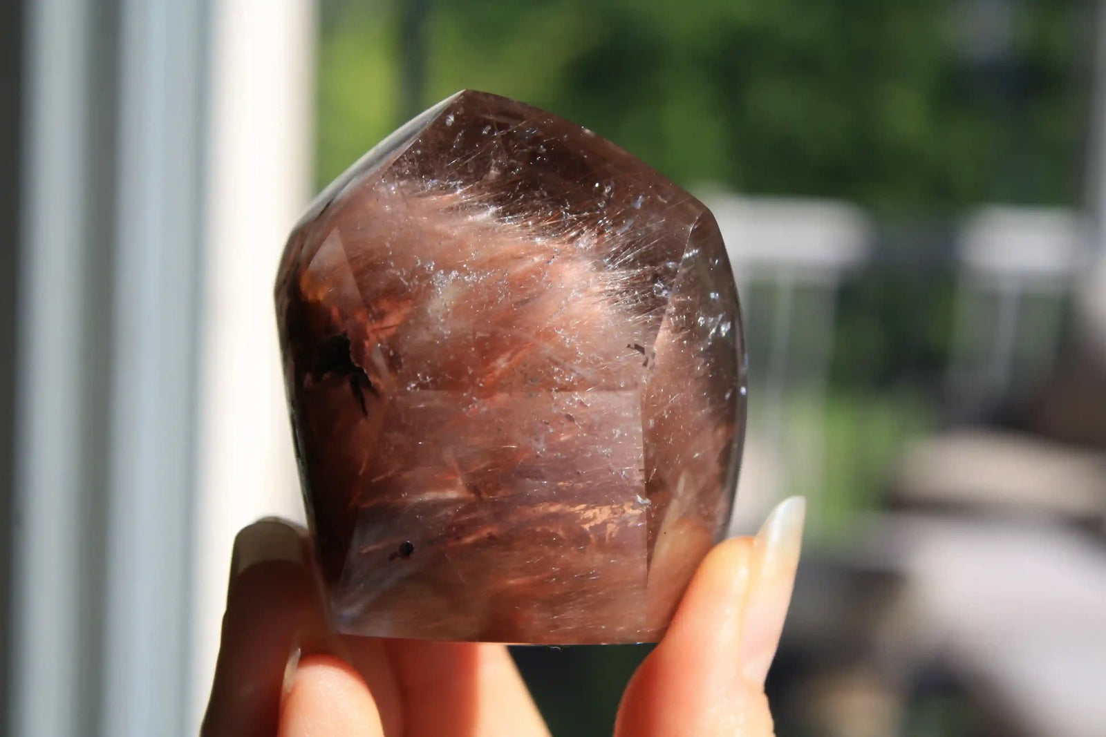 Amphibole quartz crystal , pink amphibole, red amphibole  canadian crystal shop, amphibole tower, unique inclusion crystal