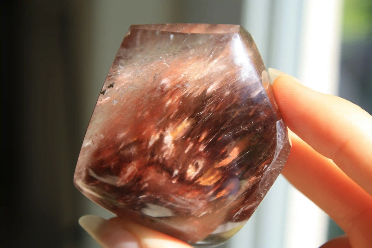 Amphibole quartz crystal , pink amphibole, red amphibole  canadian crystal shop, amphibole tower, unique inclusion crystal