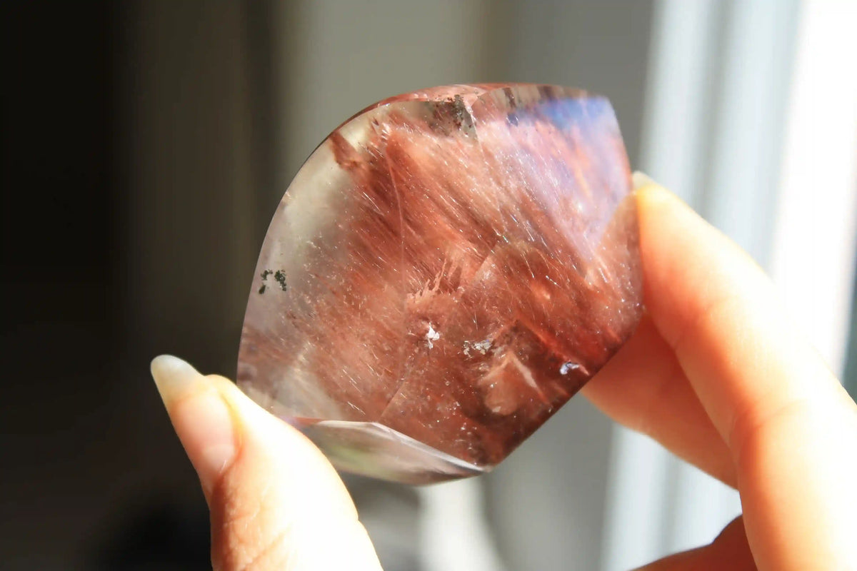 Amphibole quartz crystal , pink amphibole, red amphibole  canadian crystal shop, amphibole tower, unique inclusion crystal