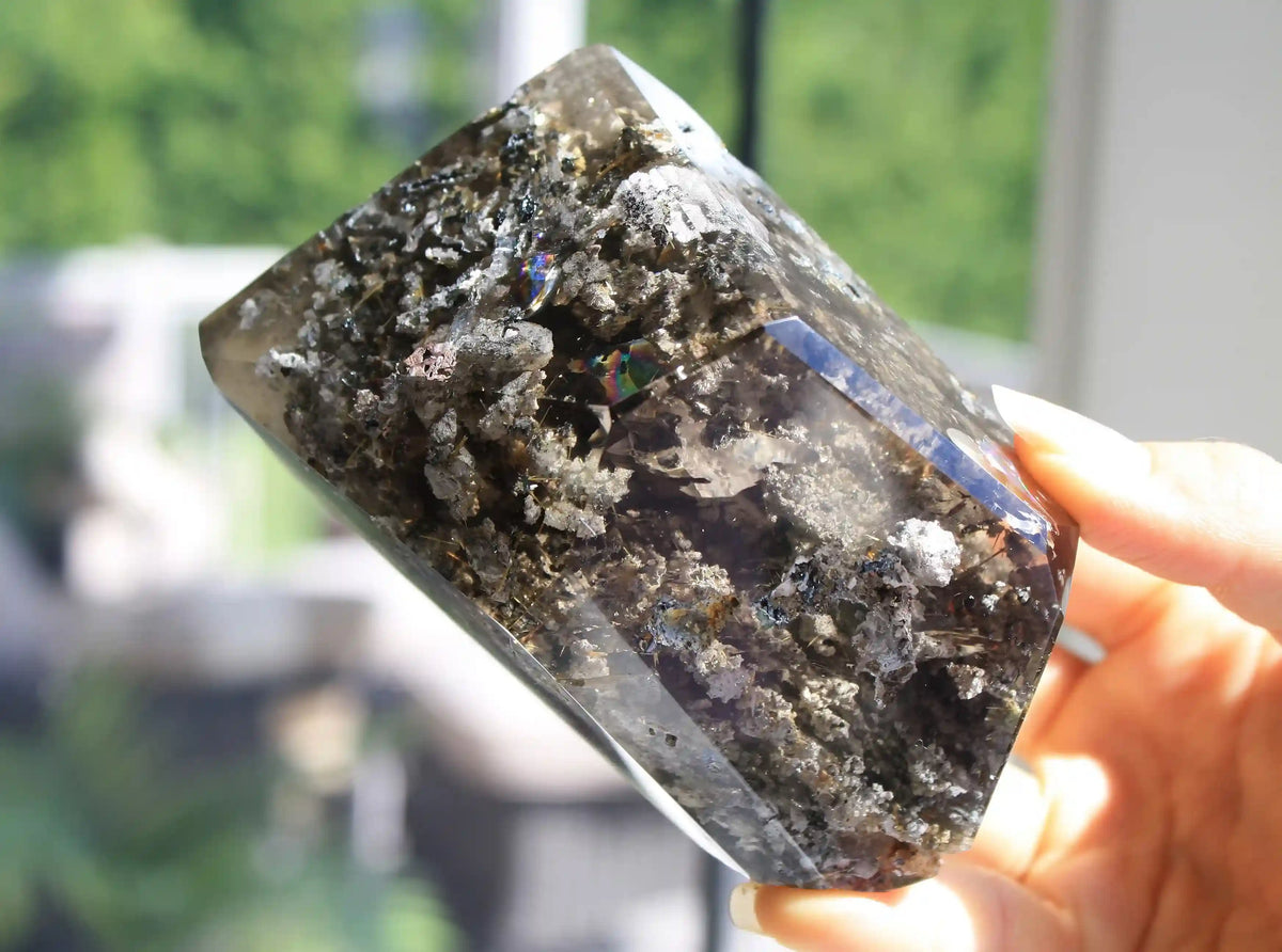 Unique golden titanium rutile in grey inclusion quartz,  rare quartz specimen. Rutile Quartz

