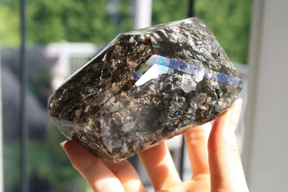 Unique golden titanium rutile in grey inclusion quartz,  rare quartz specimen. Rutile Quartz