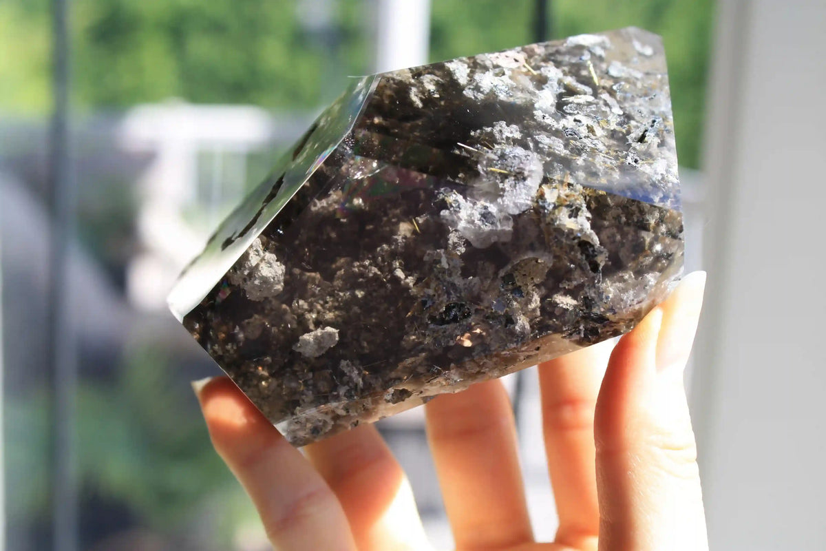 Golden Titanium Rutile in Grey Garden Quartz Freeform