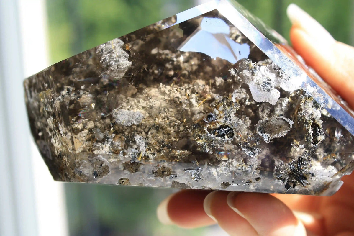 Golden Titanium Rutile in Grey Garden Quartz Freeform