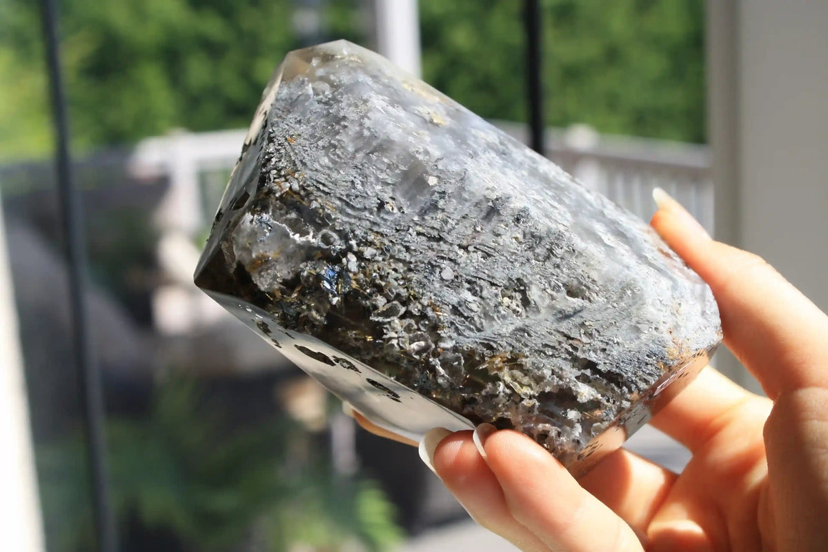 Golden Titanium Rutile in Grey Garden Quartz Freeform