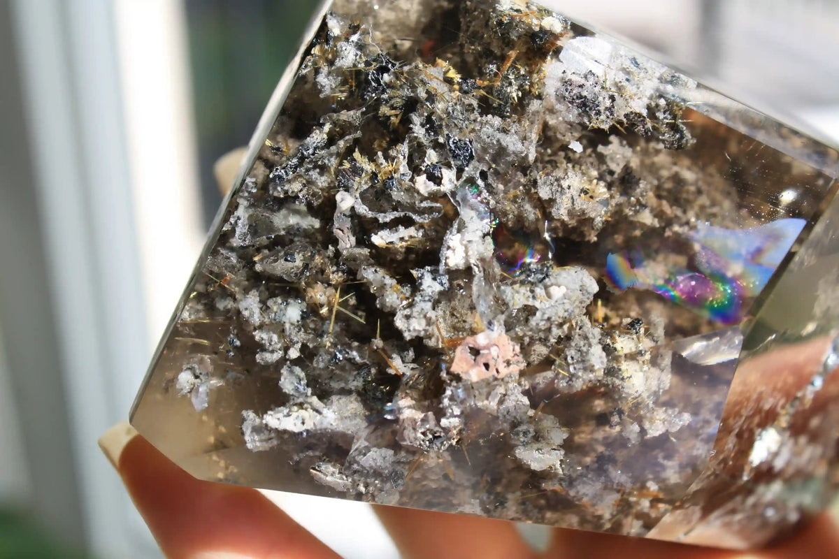 Golden Titanium Rutile in Grey Garden Quartz Freeform