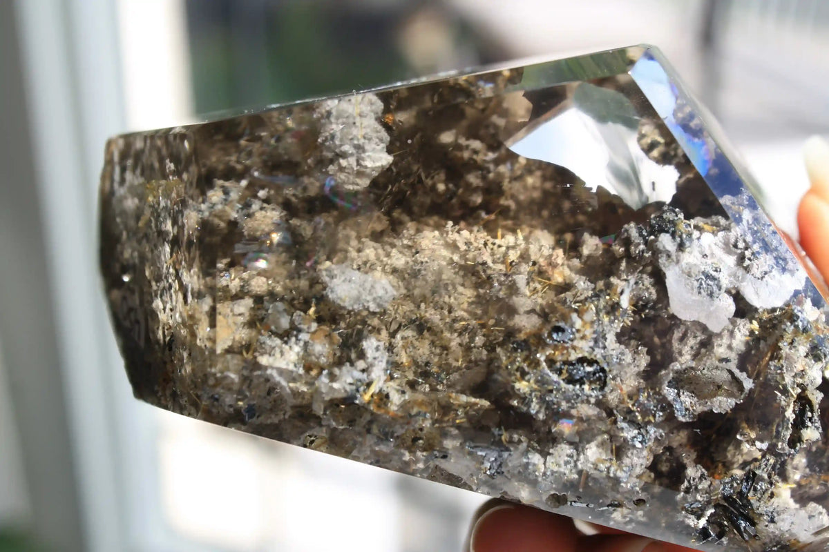 Golden Titanium Rutile in Grey Garden Quartz Freeform