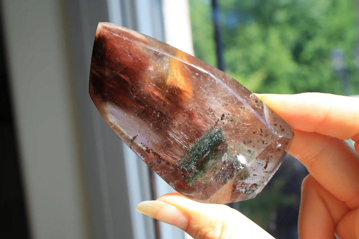 Amphibole quartz crystal , pink amphibole, red amphibole  Canadian crystal shop, amphibole tower, unique inclusion crystal