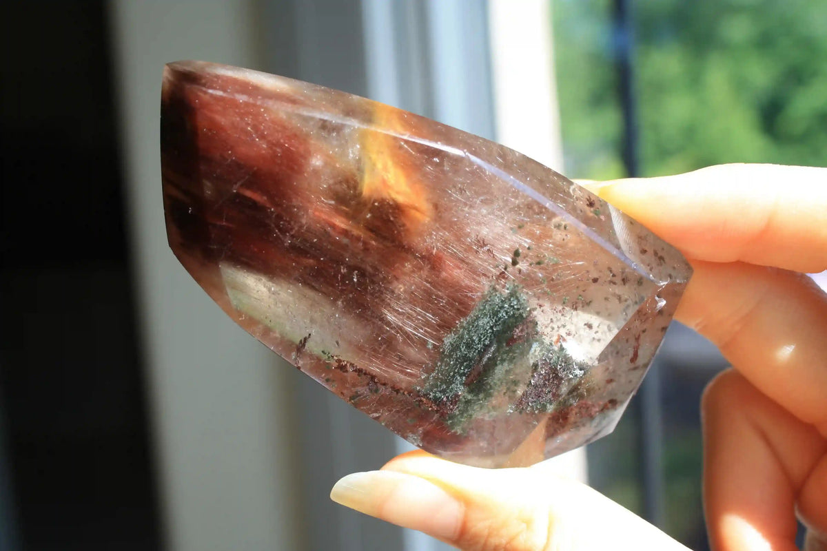 Amphibole quartz crystal , pink amphibole, red amphibole  Canadian crystal shop, amphibole tower, unique inclusion crystal