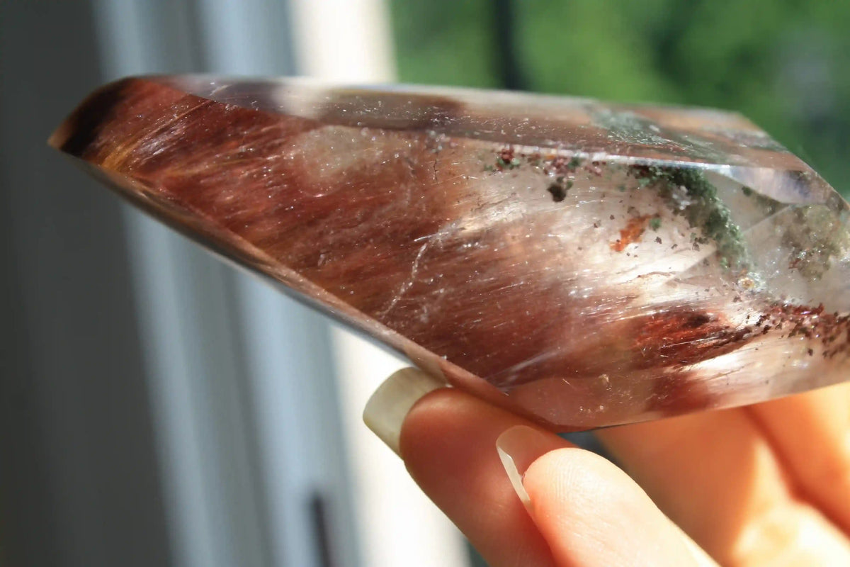 Amphibole quartz crystal , pink amphibole, red amphibole  Canadian crystal shop, amphibole tower, unique inclusion crystal
