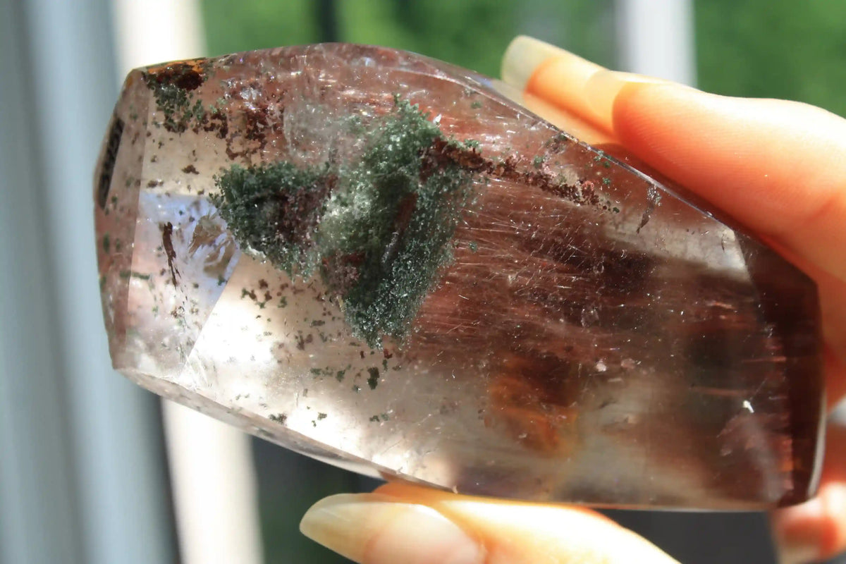 Amphibole quartz crystal , pink amphibole, red amphibole  Canadian crystal shop, amphibole tower, unique inclusion crystal