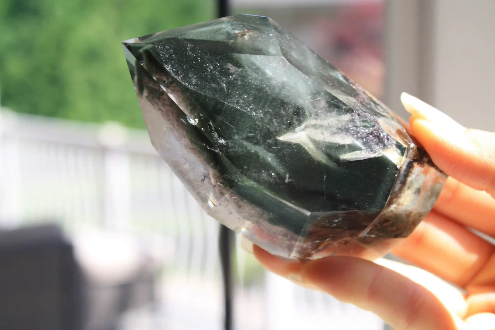 garden quartz tower, dark green garden quartz, quartz tower, Canadian crystal shop, pink garden quartz, lodolite tower, chlorite in quartz