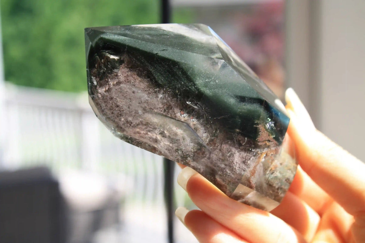garden quartz tower, dark green garden quartz, quartz tower, Canadian crystal shop, pink garden quartz, lodolite tower, chlorite in quartz