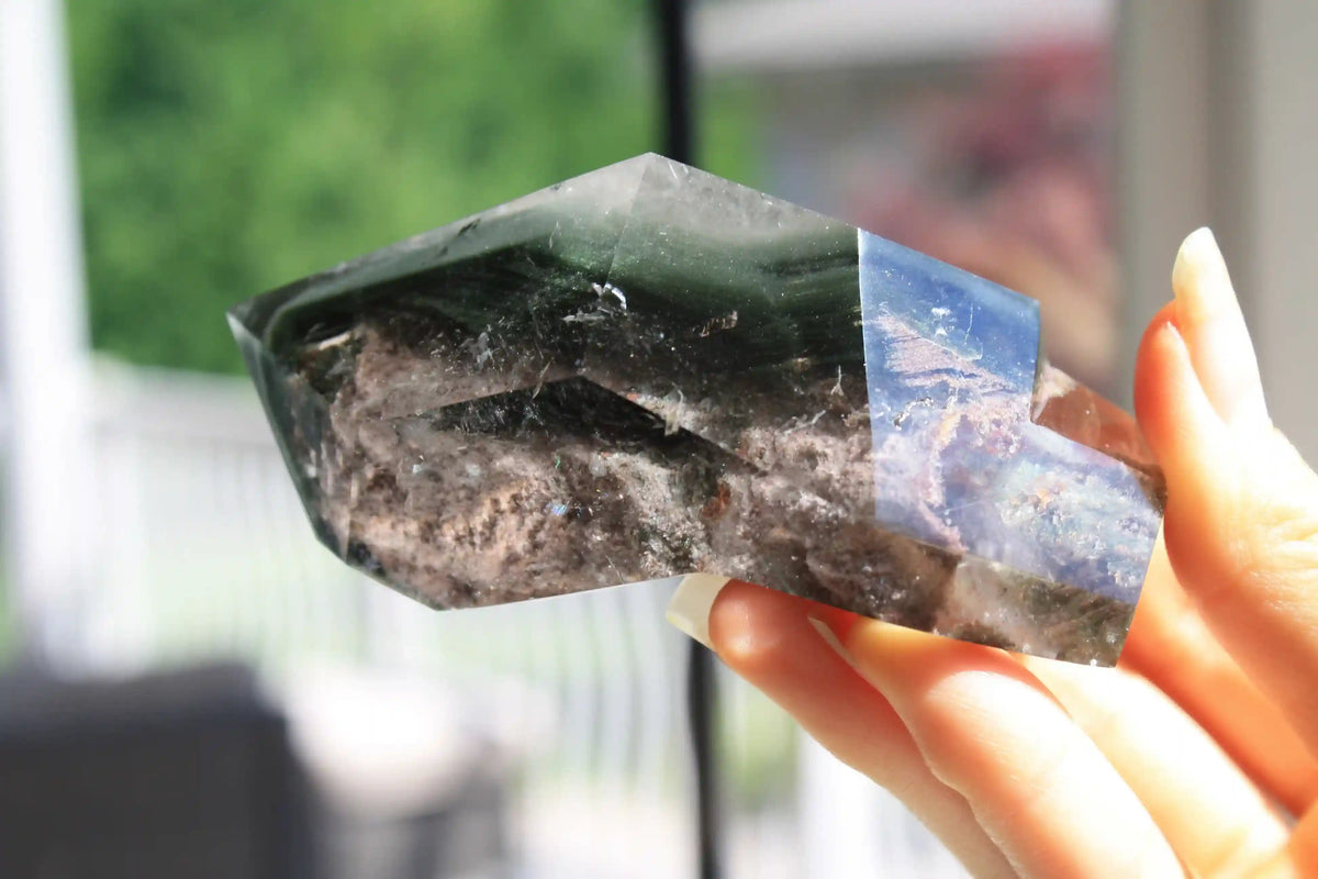 garden quartz tower, dark green garden quartz, quartz tower, Canadian crystal shop, pink garden quartz, lodolite tower, chlorite in quartz