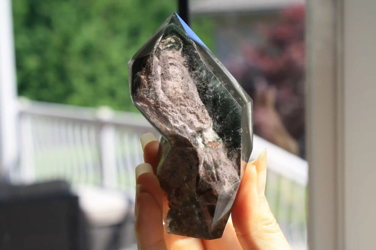 garden quartz tower, dark green garden quartz, quartz tower, Canadian crystal shop, pink garden quartz, lodolite tower, chlorite in quartz