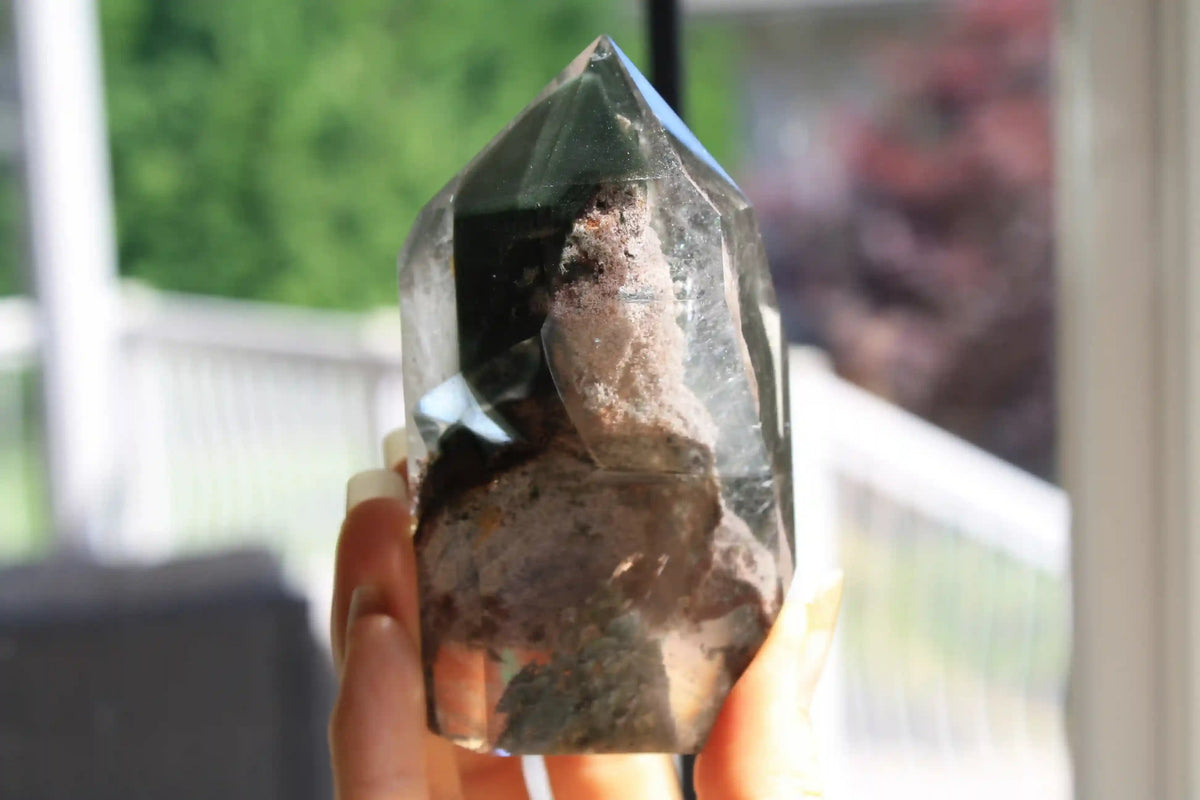 garden quartz tower, dark green garden quartz, quartz tower, Canadian crystal shop, pink garden quartz, lodolite tower, chlorite in quartz