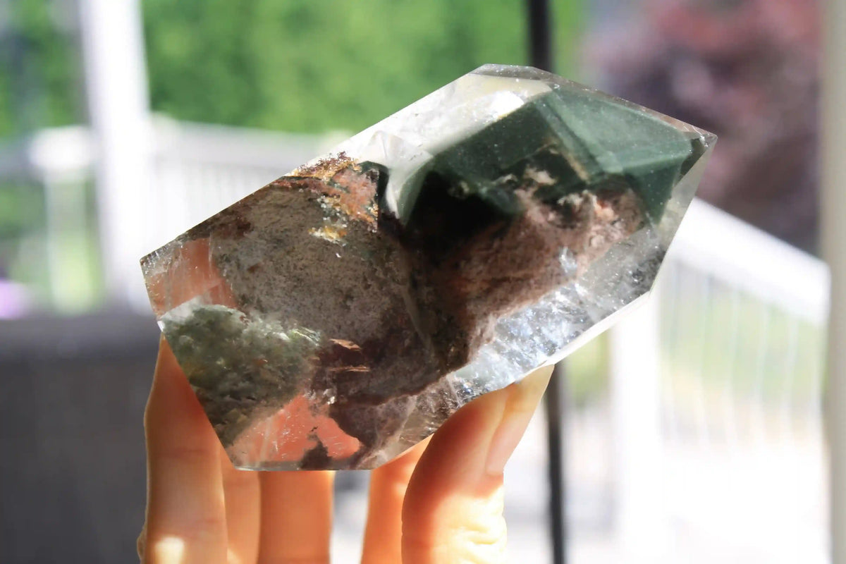 garden quartz tower, dark green garden quartz, quartz tower, Canadian crystal shop, pink garden quartz, lodolite tower, chlorite in quartz