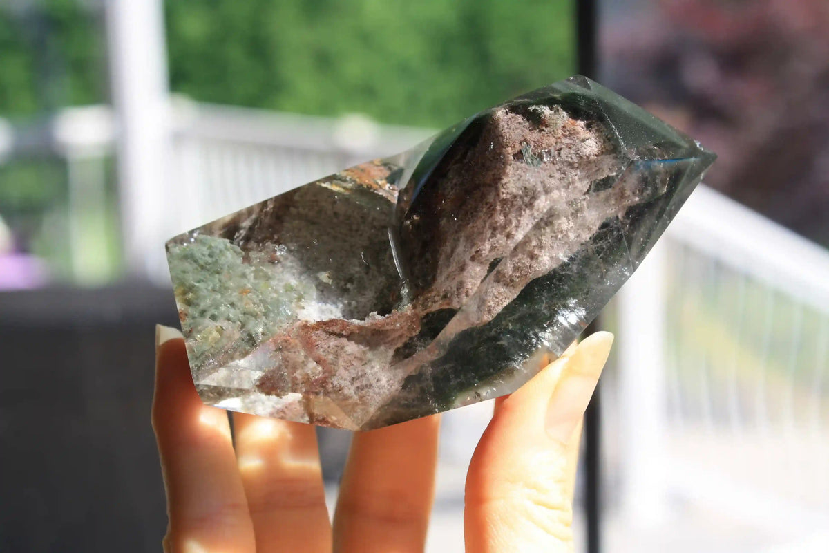 garden quartz tower, dark green garden quartz, quartz tower, Canadian crystal shop, pink garden quartz, lodolite tower, chlorite in quartz