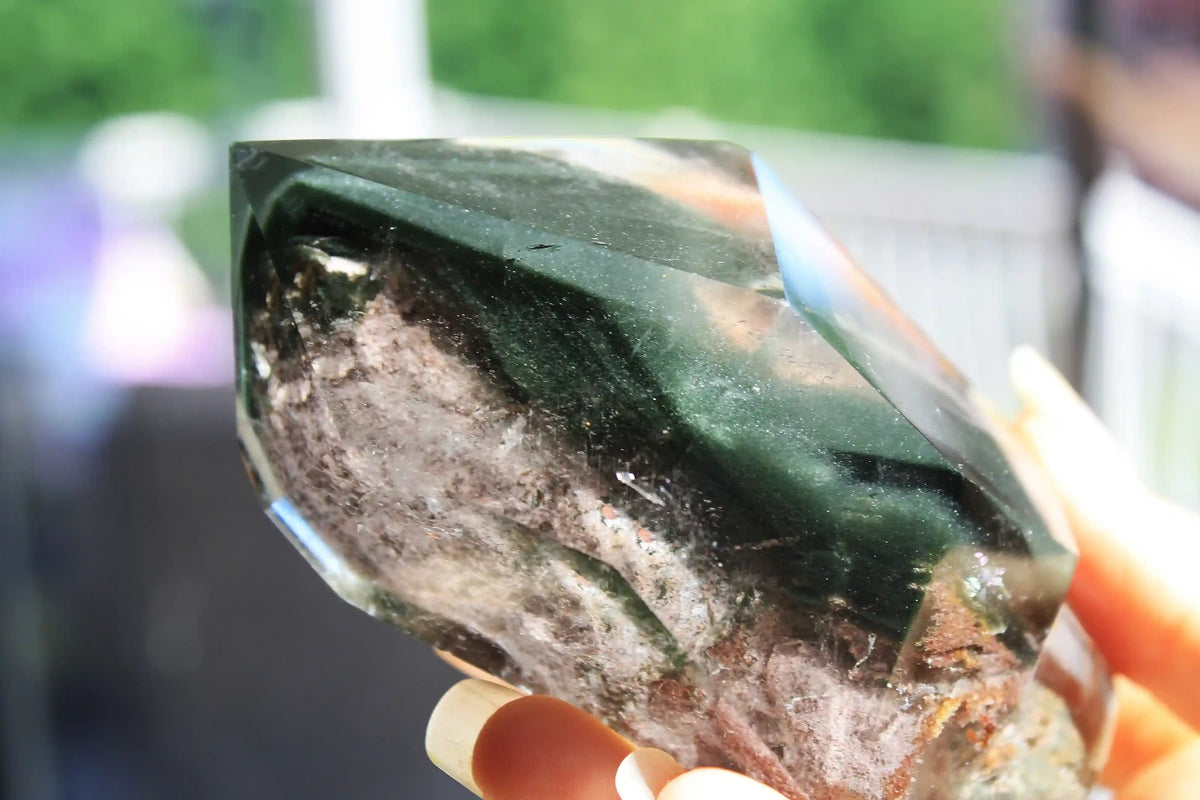 garden quartz tower, dark green garden quartz, quartz tower, Canadian crystal shop, pink garden quartz, lodolite tower, chlorite in quartz