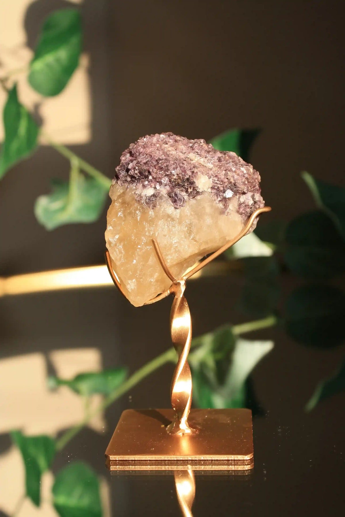 citrine, natural citrine, citrine on stand, lepidolite with citrine, citrine with mica, mica with citrine, natural citrine quartz, citrine tower