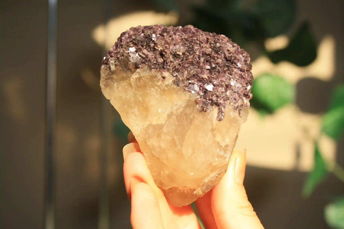 citrine, natural citrine, citrine on stand, lepidolite with citrine, citrine with mica, mica with citrine, natural citrine quartz, citrine tower