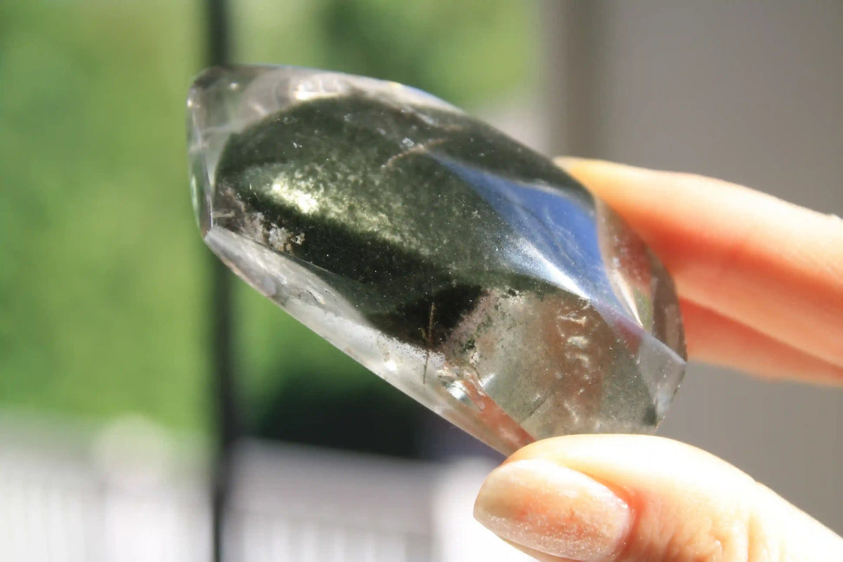 Garden quartz freeform, garden quartz crystal, crystal healing, lodolite, lodolite crystal, dark green chlorite in quartz, Canadian crystal shop 
