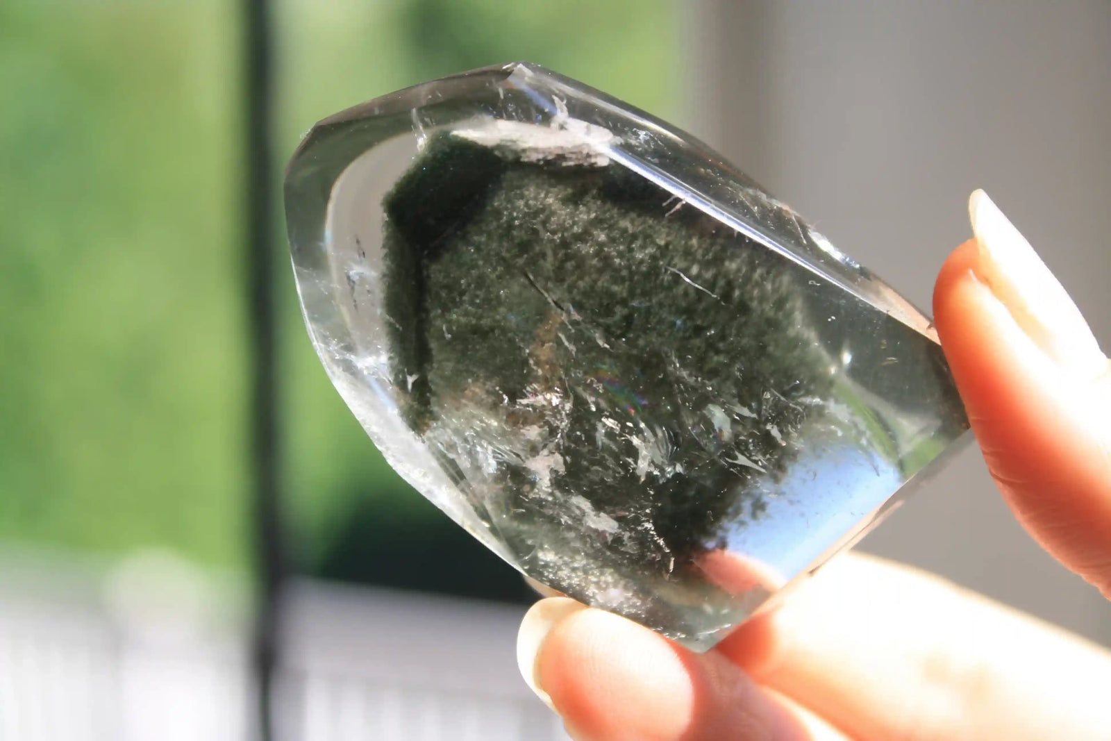 Garden quartz freeform, garden quartz crystal, crystal healing, lodolite, lodolite crystal, dark green chlorite in quartz, Canadian crystal shop 